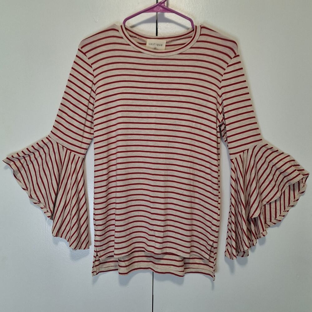Vestique Red & Cream Striped Shirt With Bell Sleeves NWT